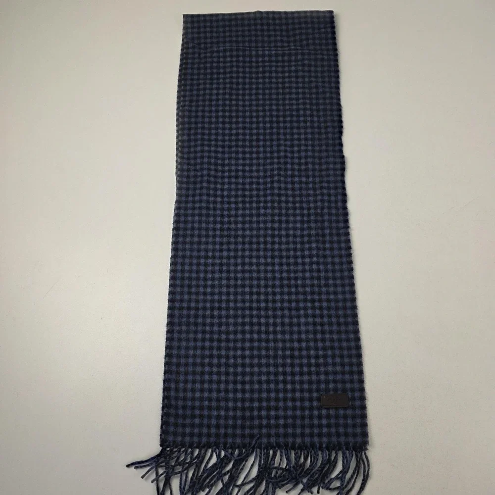 Hickey Freeman Scarf Mens Blue Plaid 100% Cashmere Fringe Winter Warm Soft